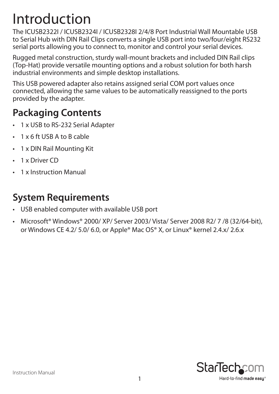 Introduction, Packaging contents, System requirements | StarTech.com ICUSB2328I User Manual | Page 5 / 15