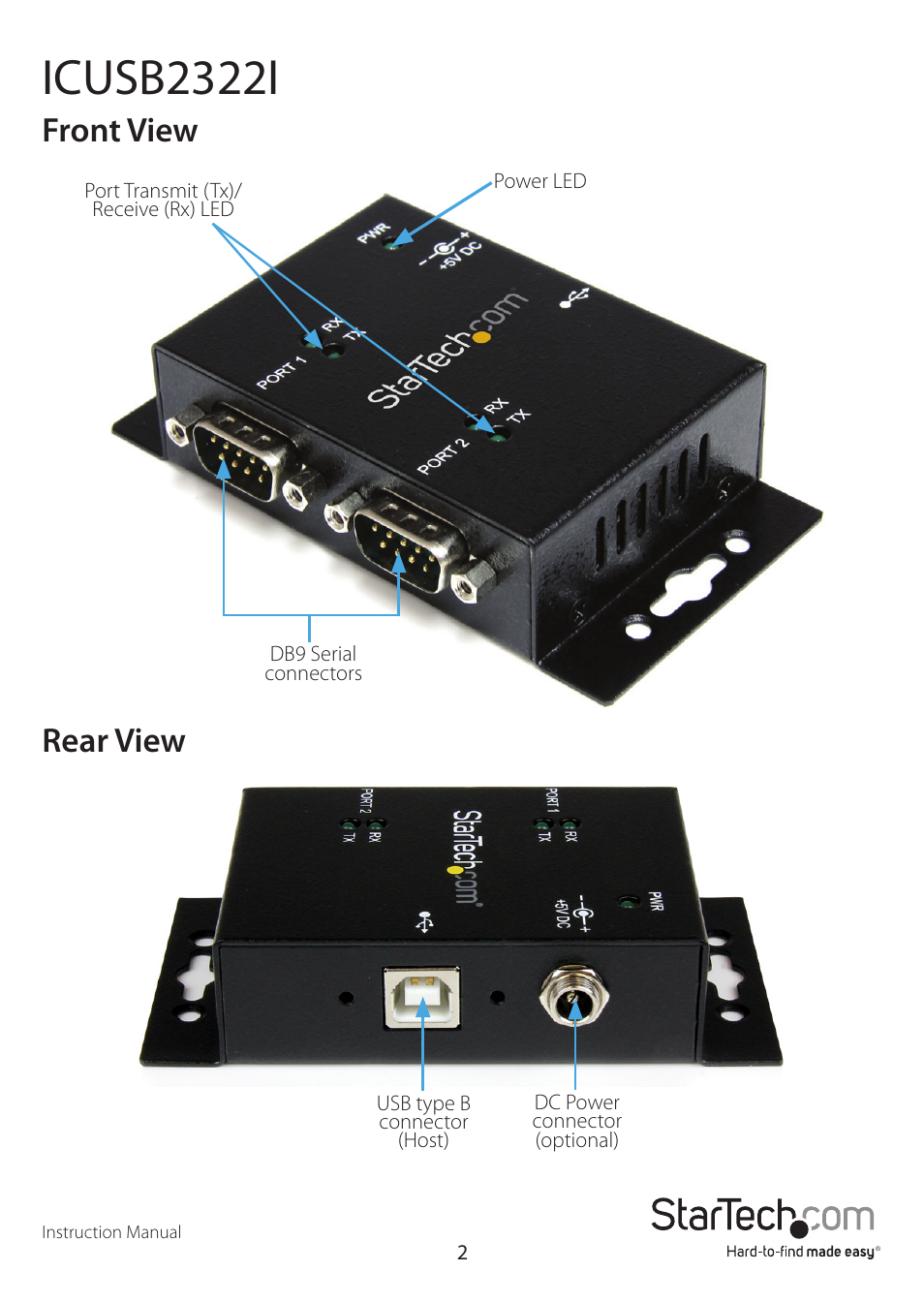 Icusb2322i, Rear view front view | StarTech.com ICUSB2328I User Manual | Page 6 / 15