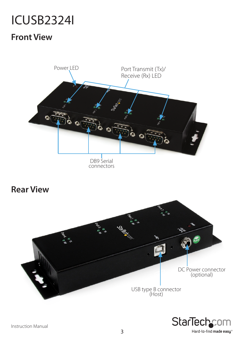 Icusb2324i, Front view, Rear view | StarTech.com ICUSB2328I User Manual | Page 7 / 15