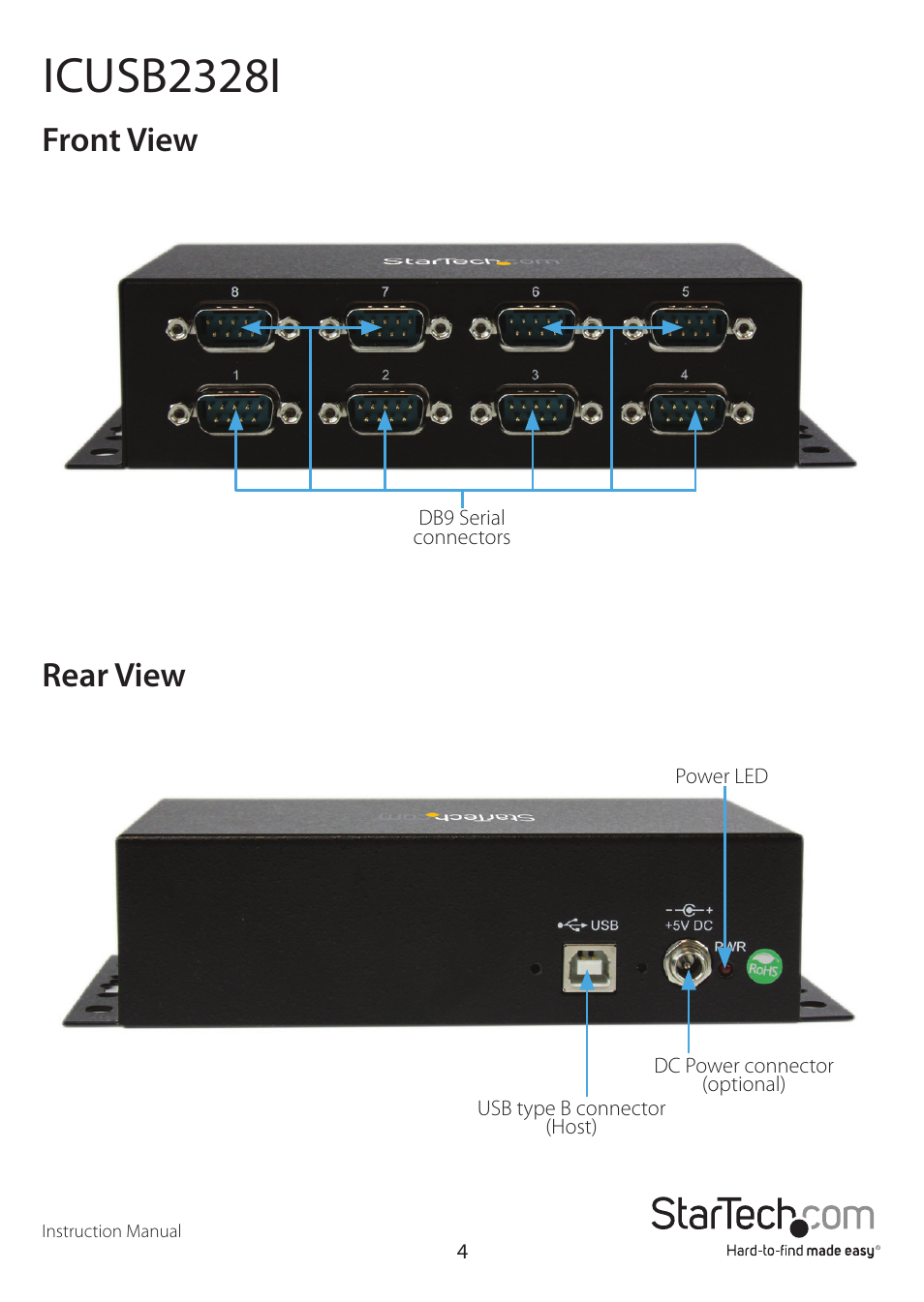 Icusb2328i, Front view rear view | StarTech.com ICUSB2328I User Manual | Page 8 / 15