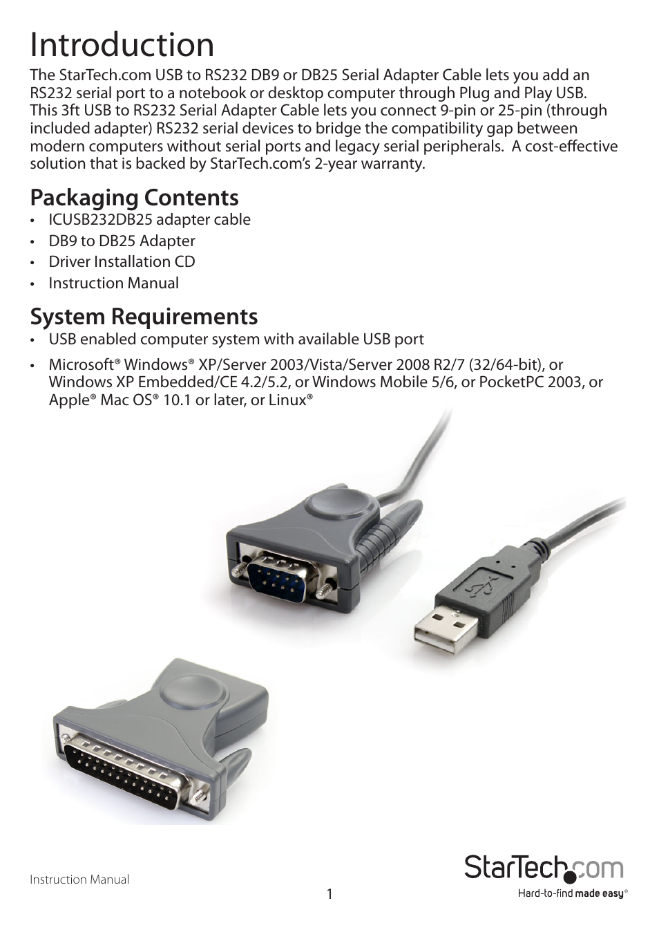 Introduction, Packaging contents, System requirements | StarTech.com ICUSB232DB25 User Manual | Page 3 / 7