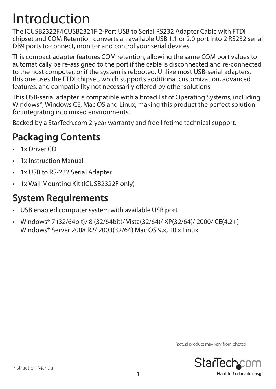 Introduction, Packaging contents, System requirements | StarTech.com ICUSB2322F User Manual | Page 4 / 10