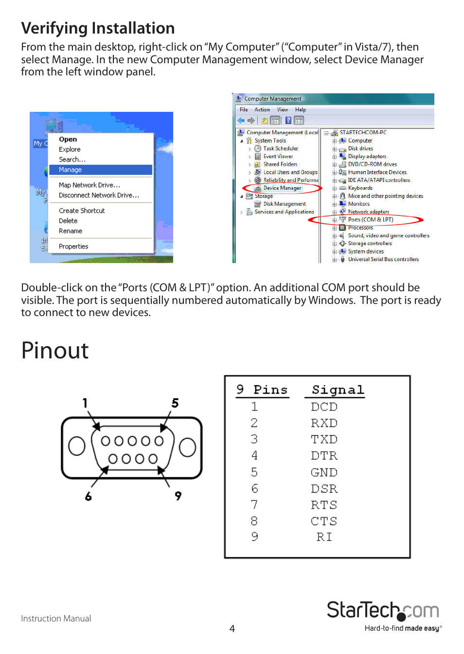 Pinout, Verifying installation | StarTech.com ICUSB2322F User Manual | Page 7 / 10