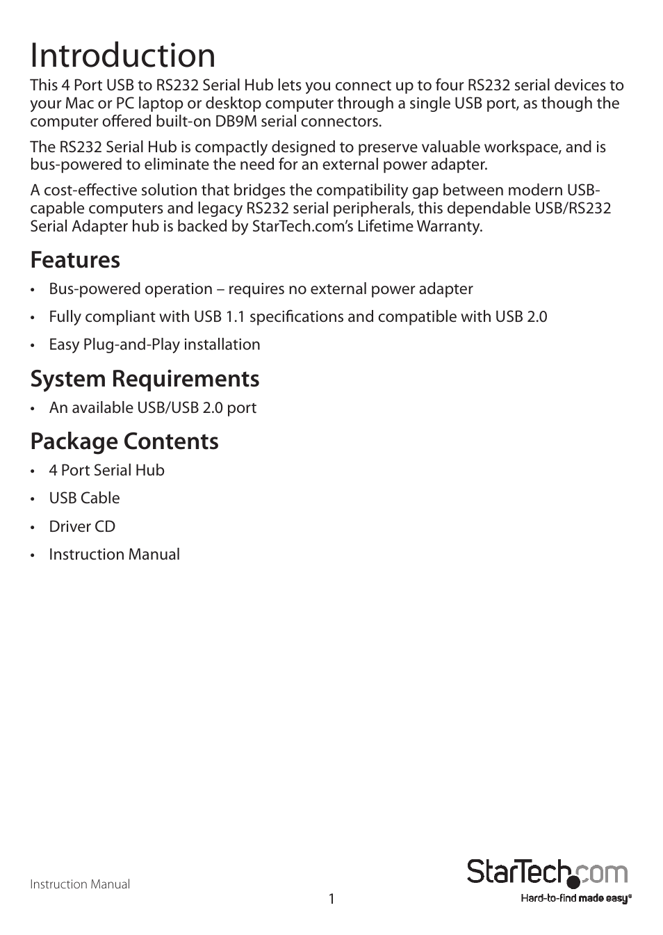 Introduction, Features, System requirements | Package contents | StarTech.com ICUSB2324 User Manual | Page 4 / 8