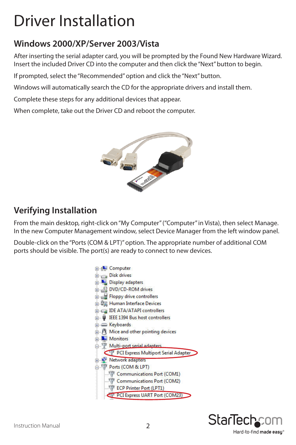 Driver installation | StarTech.com EC2S952 User Manual | Page 5 / 8