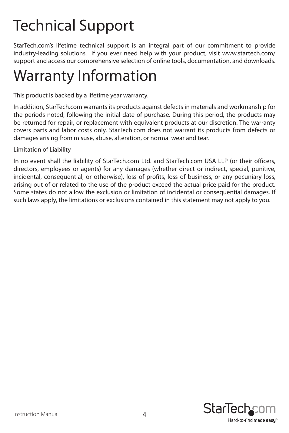 Technical support, Warranty information | StarTech.com EC2S952 User Manual | Page 7 / 8