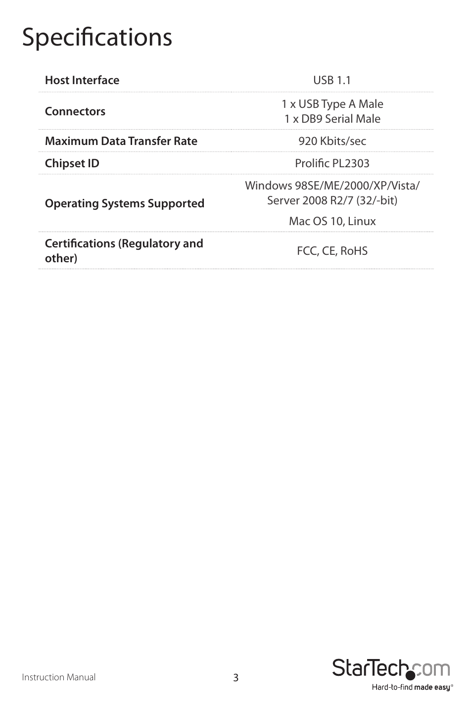 Specifications | StarTech.com ICUSB232PRO User Manual | Page 6 / 8