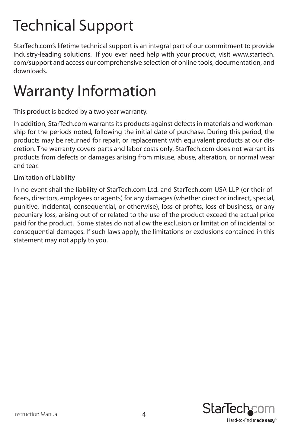 Technical support, Warranty information | StarTech.com ICUSB232PRO User Manual | Page 7 / 8
