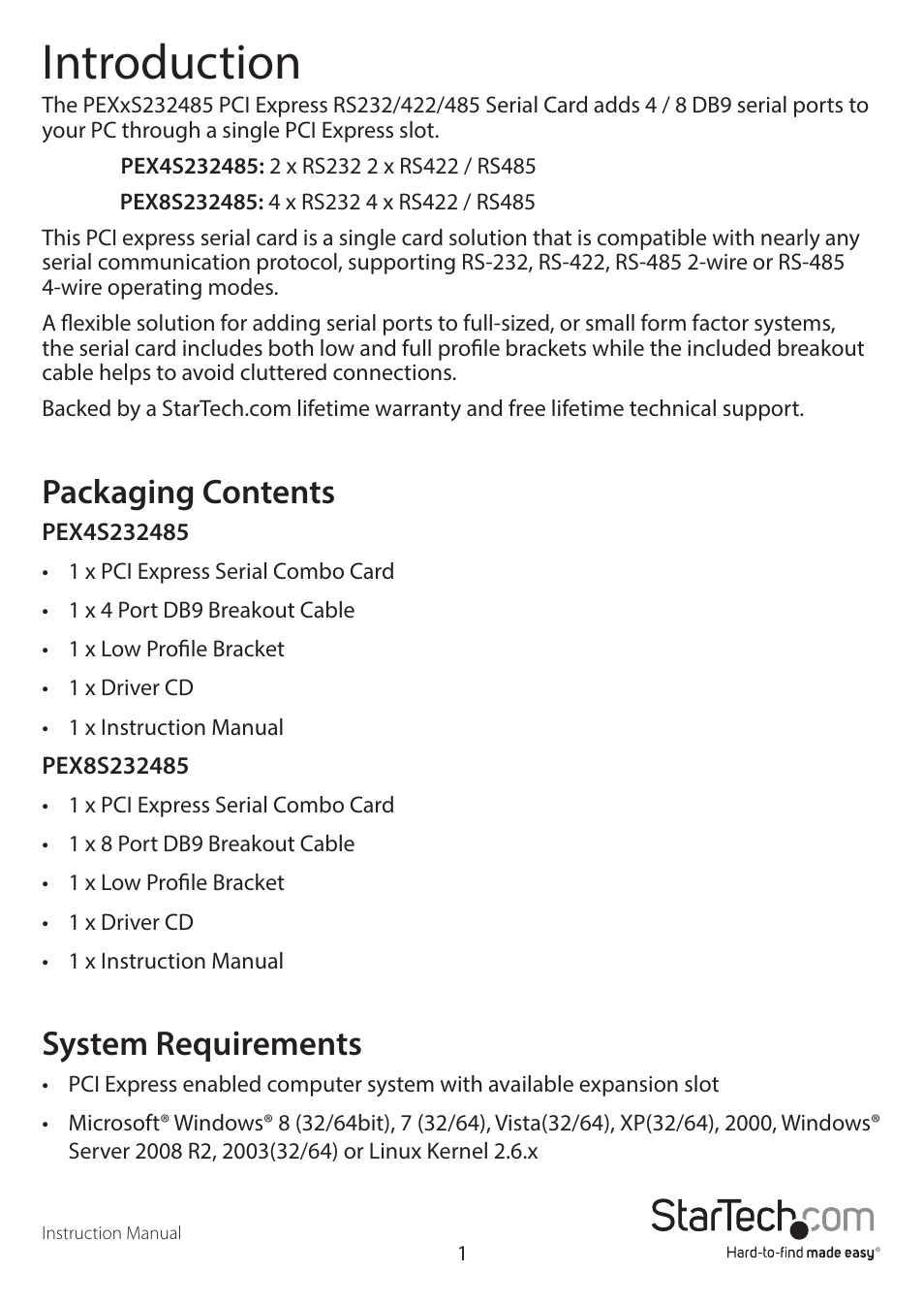 Introduction, Packaging contents, System requirements | StarTech.com PEX8S232485 User Manual | Page 4 / 15