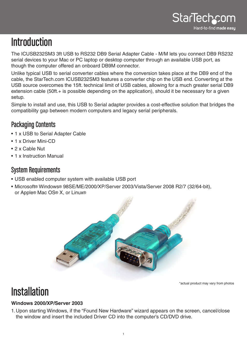 Introduction, Installation, Packaging contents | System requirements | StarTech.com ICUSB232SM3 User Manual | Page 4 / 8