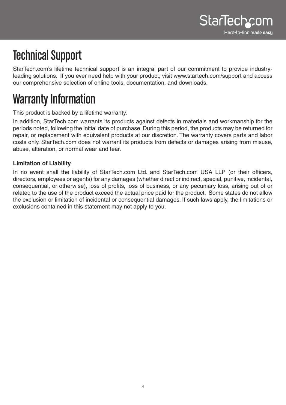 Technical support, Warranty information | StarTech.com ICUSB232SM3 User Manual | Page 7 / 8