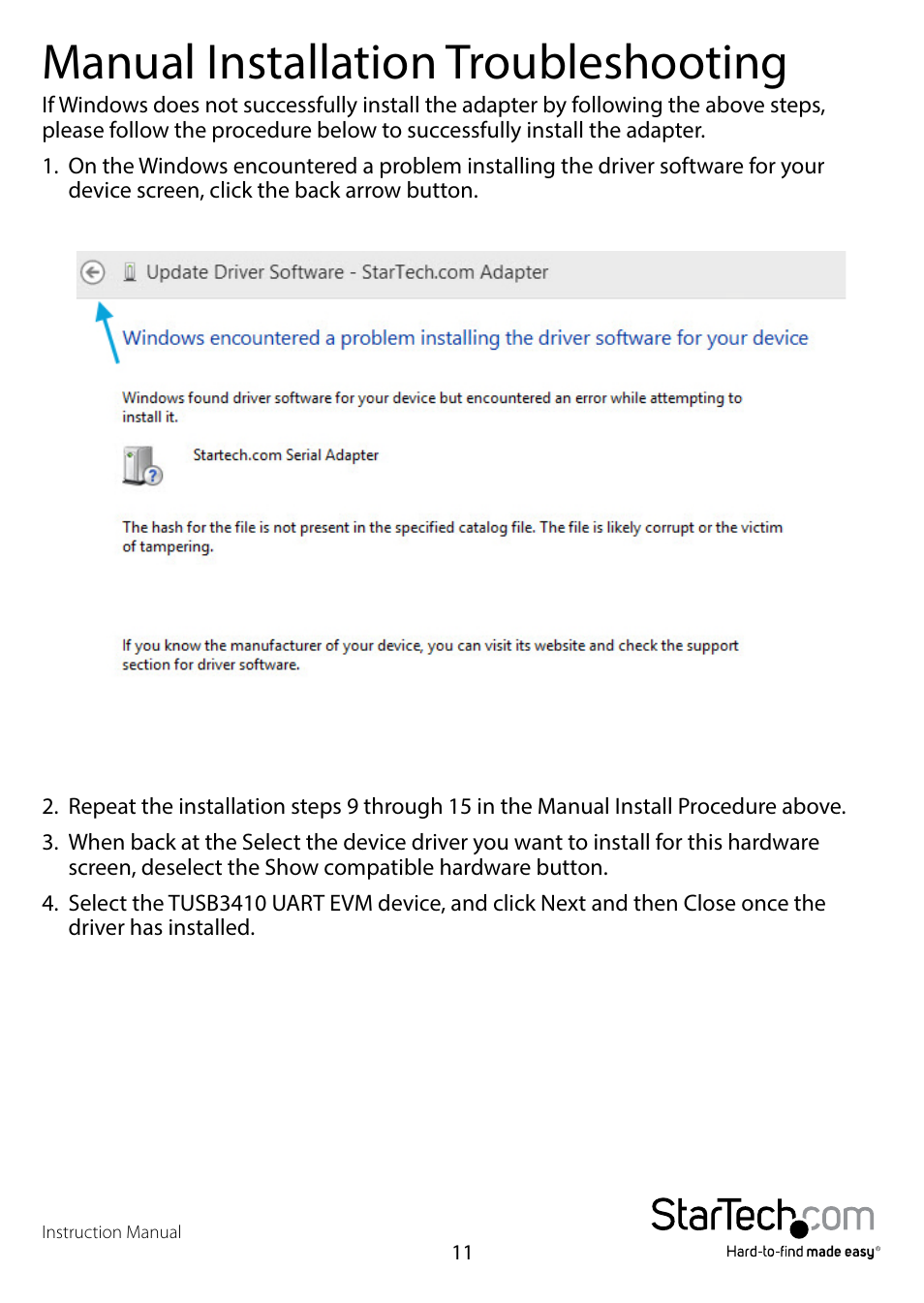 Manual installation troubleshooting | StarTech.com ICUSB2324X User Manual | Page 14 / 18