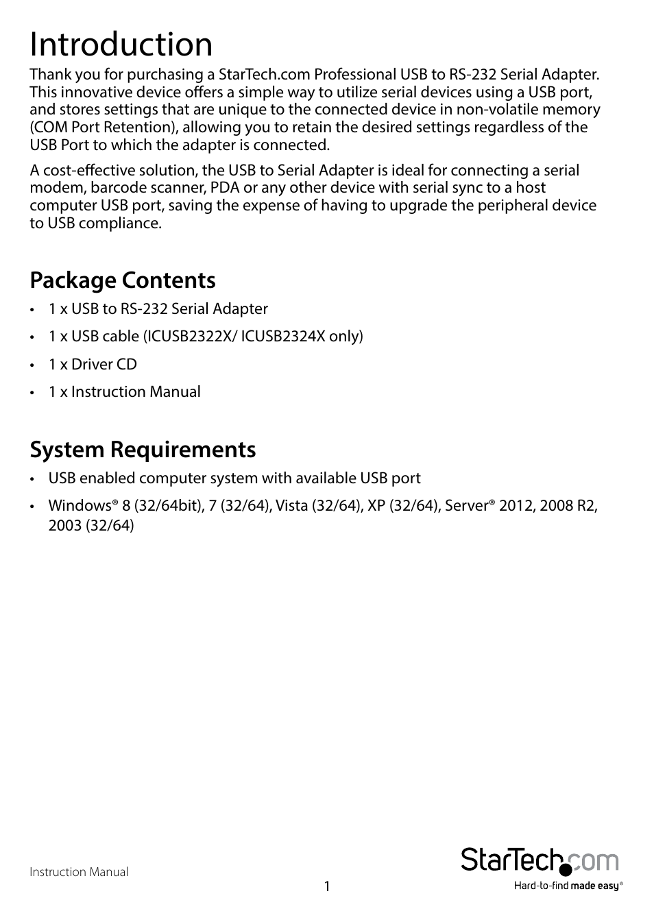 Introduction, Package contents, System requirements | Package contents system requirements | StarTech.com ICUSB2324X User Manual | Page 4 / 18