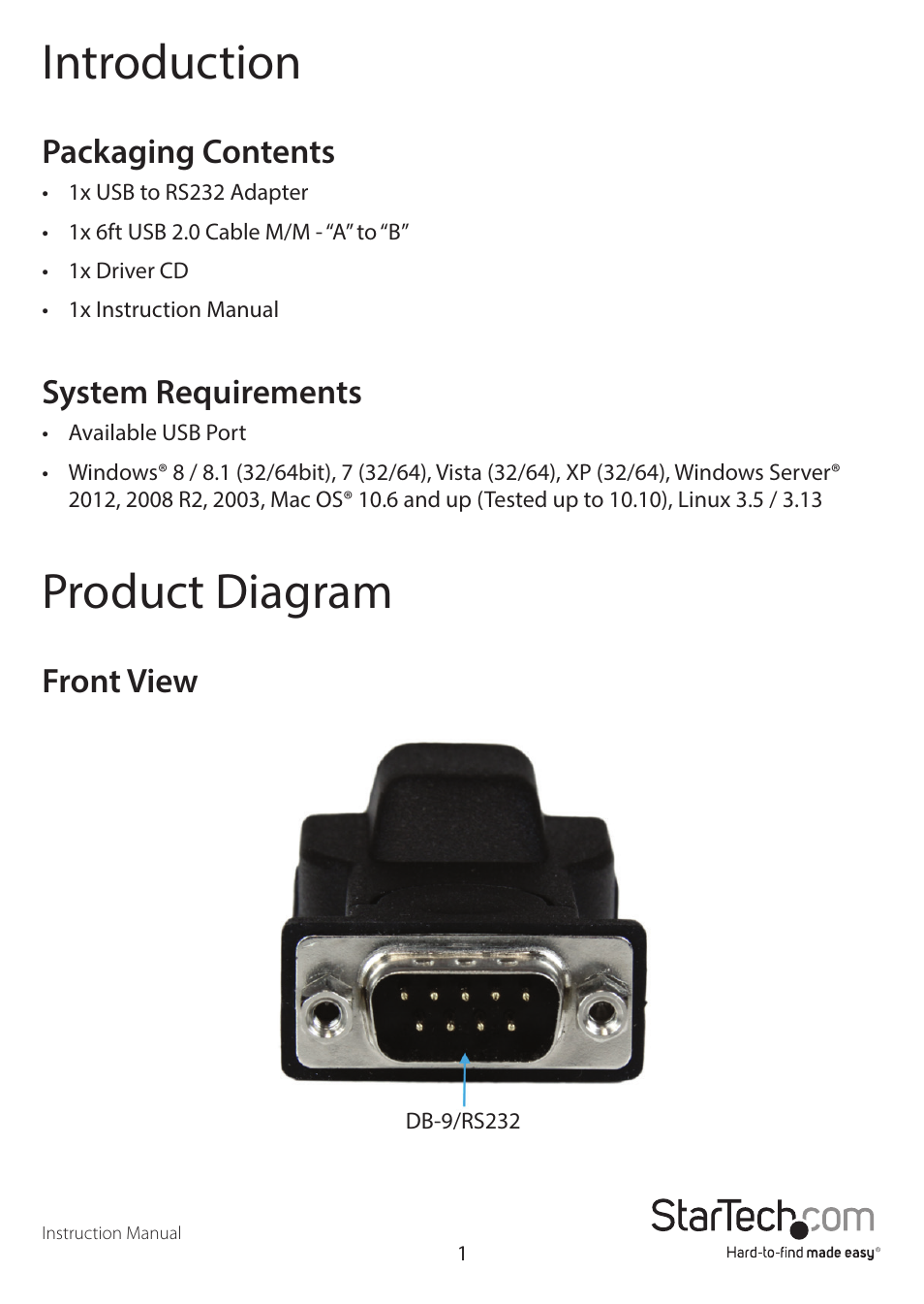 Product diagram, Introduction, Front view | Packaging contents, System requirements | StarTech.com ICUSB232D User Manual | Page 4 / 11