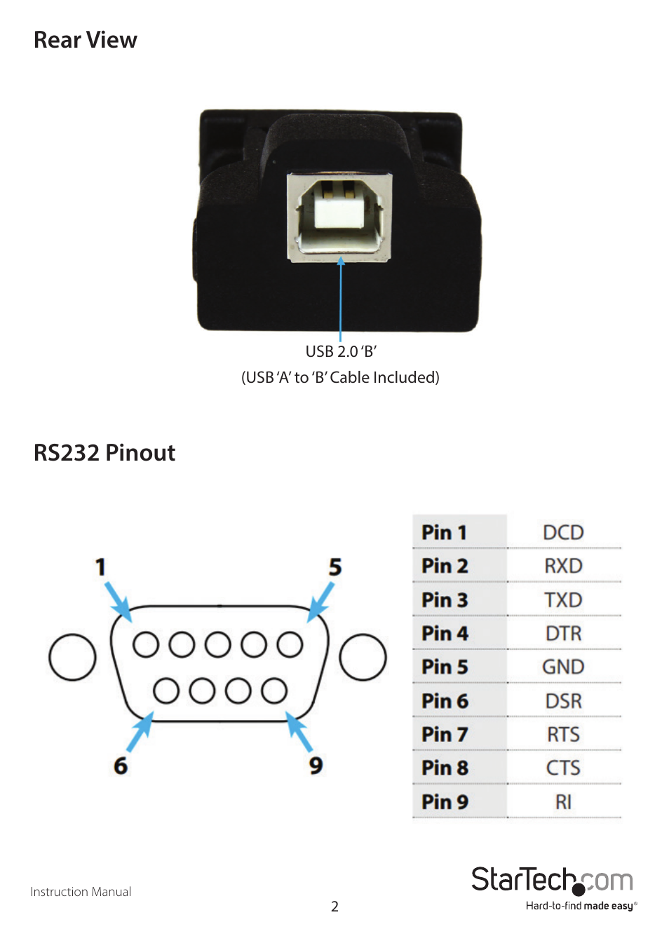 Rear view rs232 pinout | StarTech.com ICUSB232D User Manual | Page 5 / 11