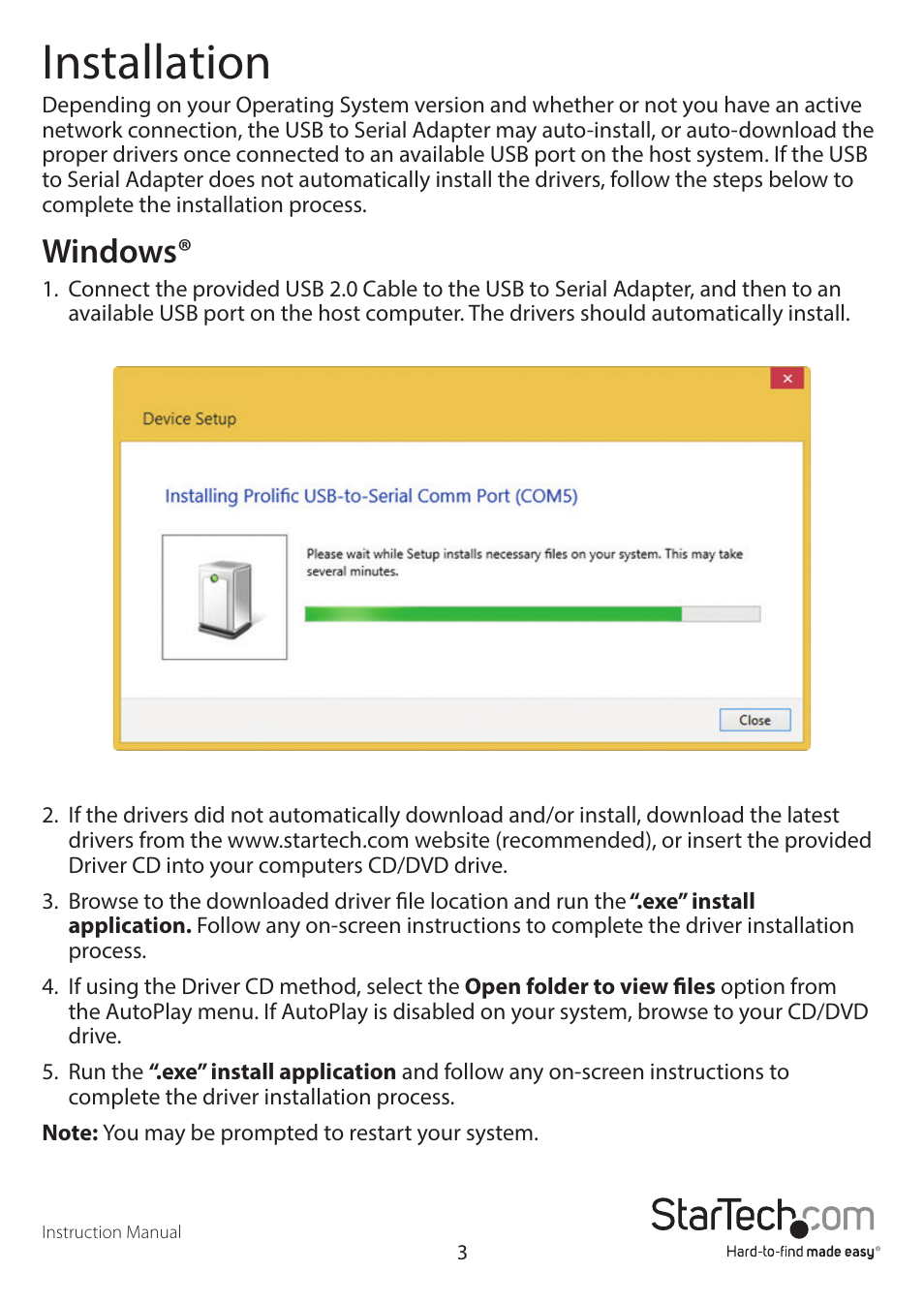 Installation, Windows | StarTech.com ICUSB232D User Manual | Page 6 / 11