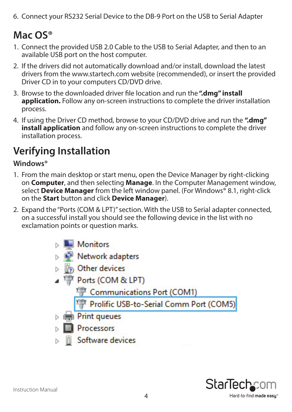 Mac os, Verifying installation | StarTech.com ICUSB232D User Manual | Page 7 / 11