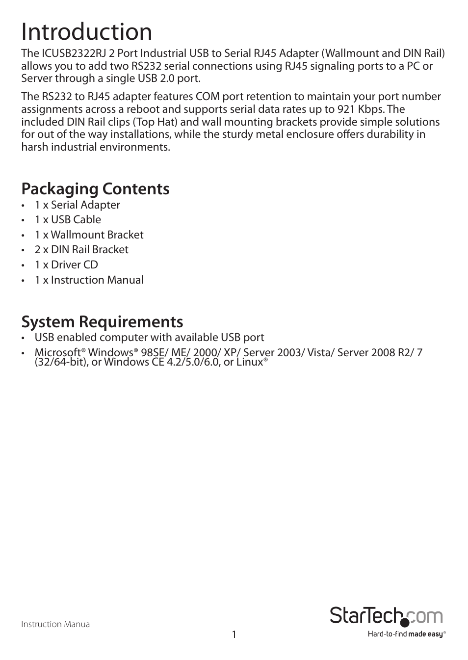 Introduction, Packaging contents, System requirements | StarTech.com ICUSB2322RJ User Manual | Page 4 / 10