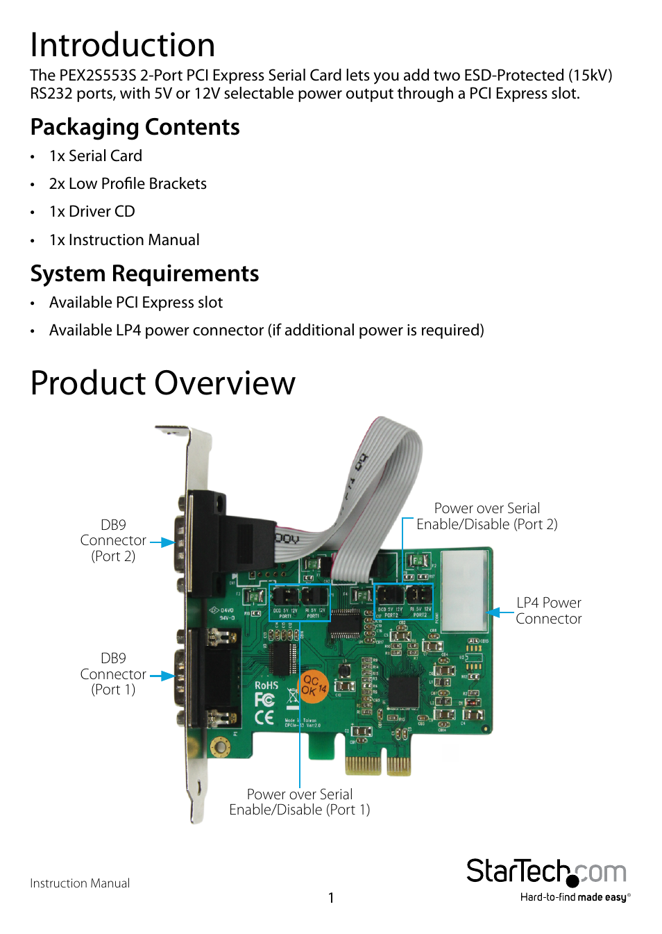 Introduction, Packaging contents, System requirements | Product overview, Packaging contents system requirements | StarTech.com PEX2S553S User Manual | Page 4 / 11