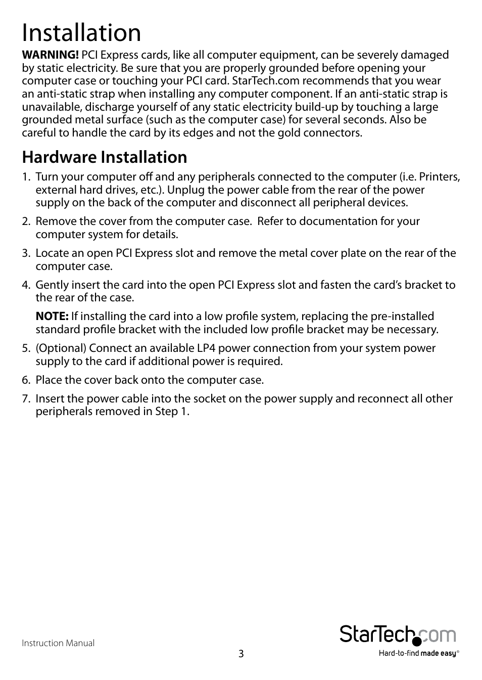 Installation, Hardware installation | StarTech.com PEX2S553S User Manual | Page 6 / 11