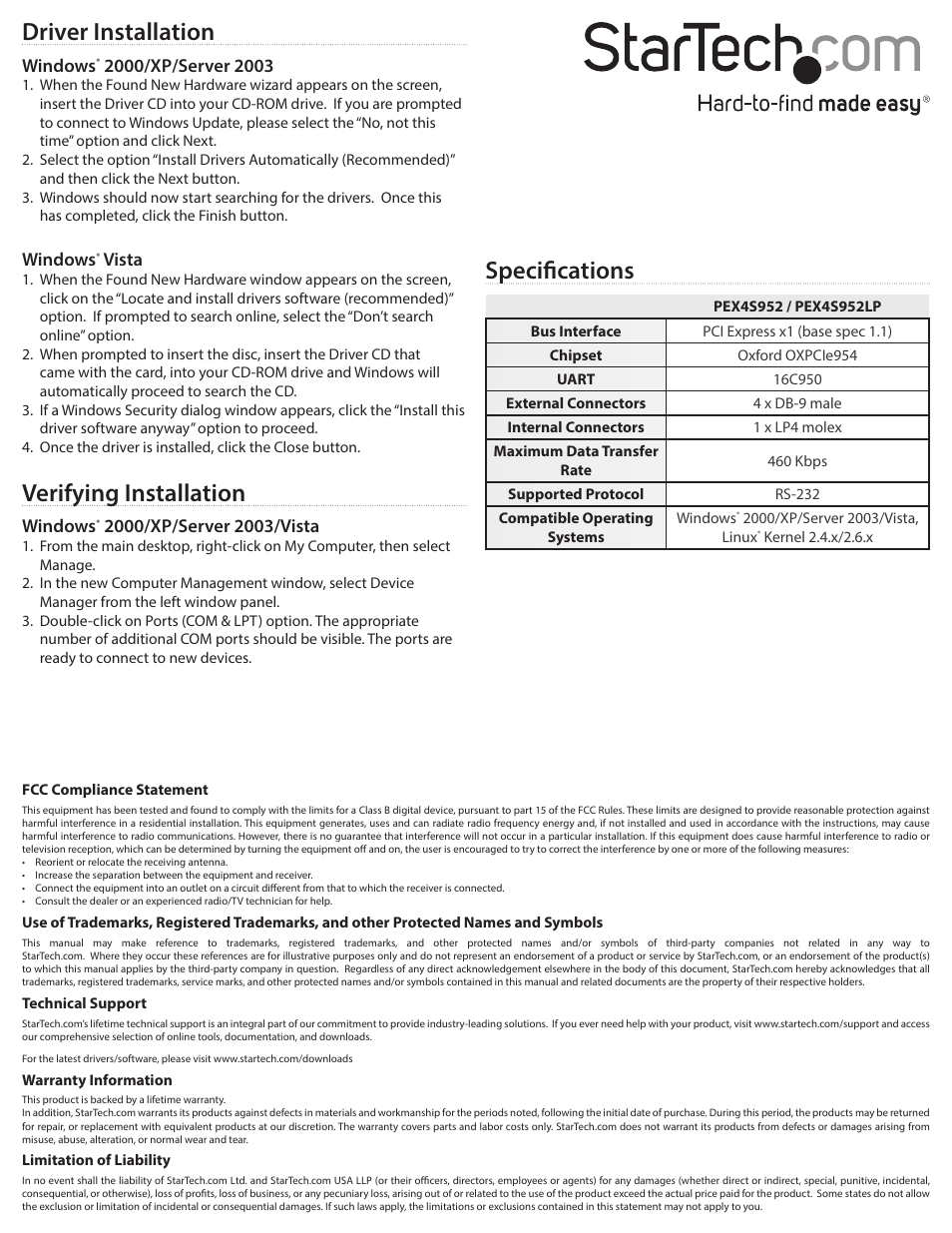 Driver installation, Verifying installation, Specifications | Windows, Vista | StarTech.com PEX4S952LP User Manual | Page 2 / 2