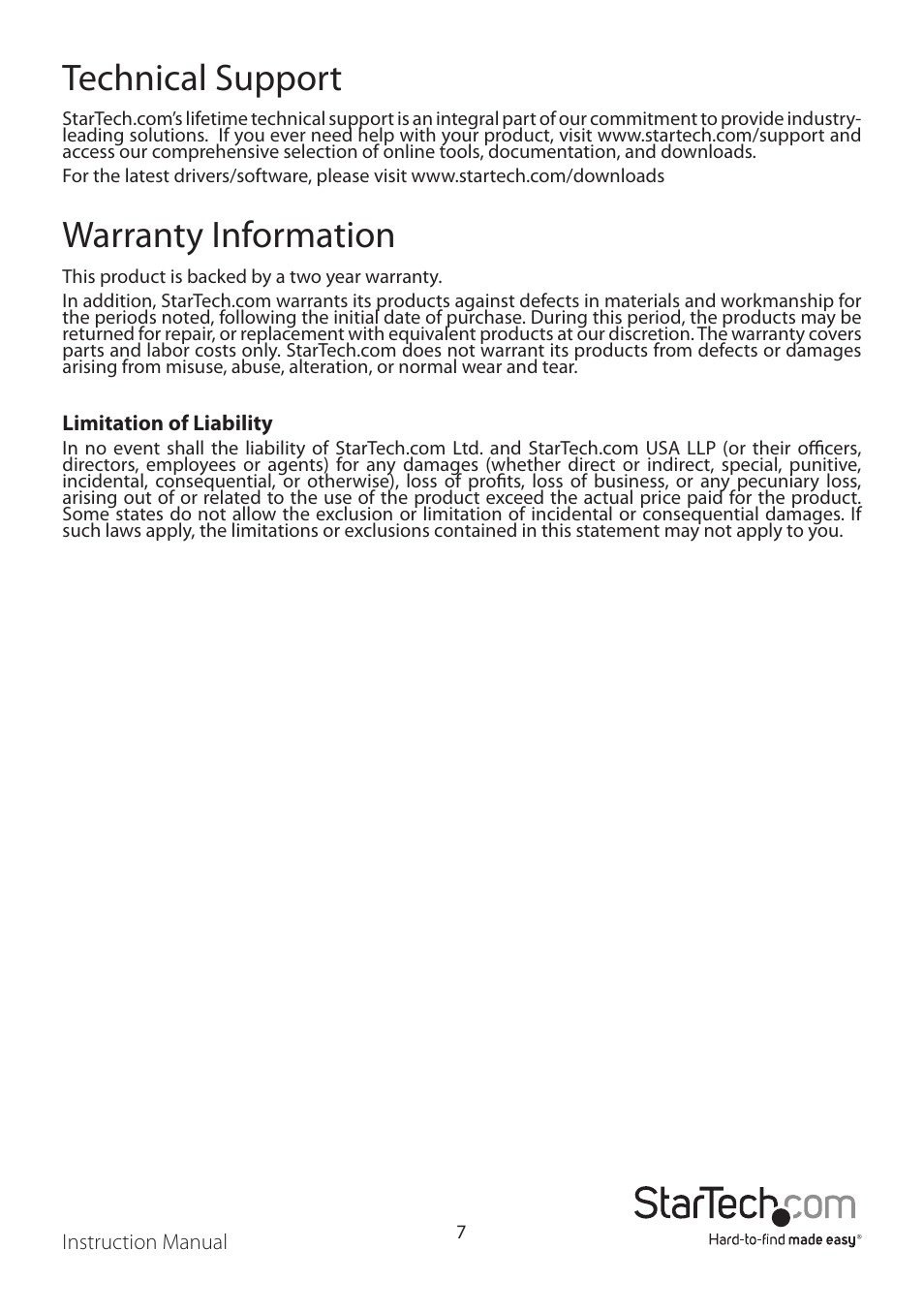 Technical support, Warranty information | StarTech.com ICUSB2321FIS User Manual | Page 10 / 11