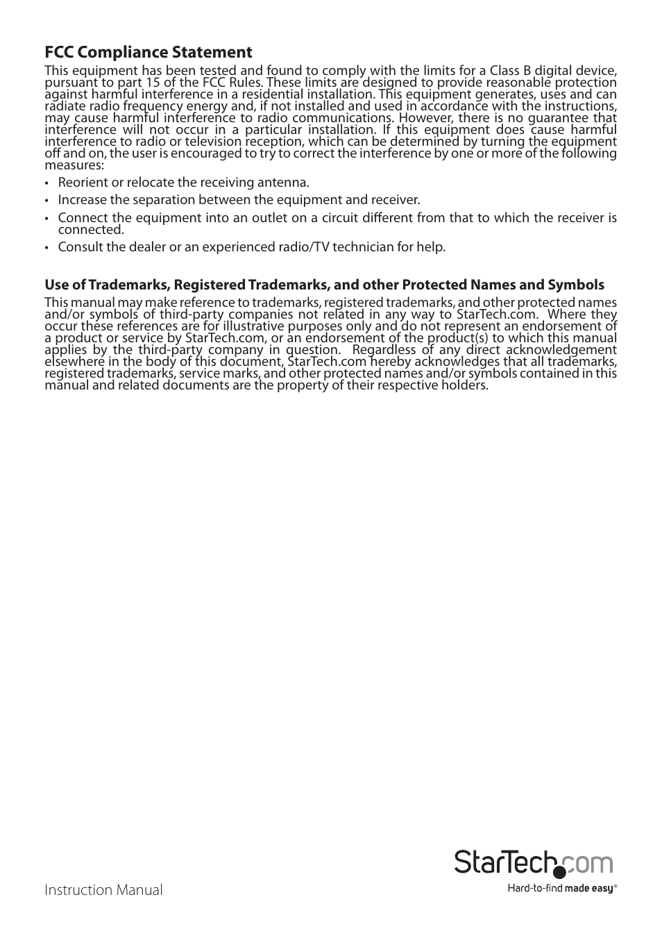 Fcc compliance statement | StarTech.com ICUSB2321FIS User Manual | Page 2 / 11