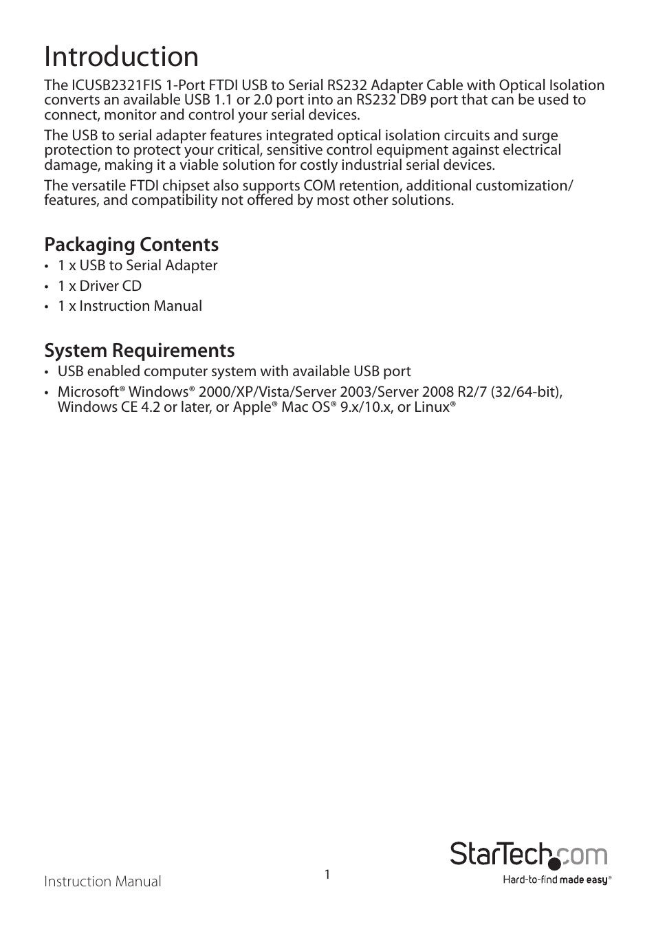 Introduction, Packaging contents, System requirements | StarTech.com ICUSB2321FIS User Manual | Page 4 / 11