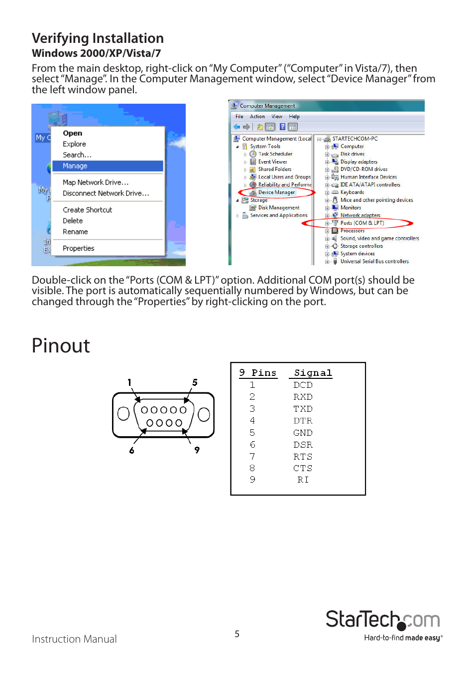 Pinout, Verifying installation | StarTech.com ICUSB2321FIS User Manual | Page 8 / 11