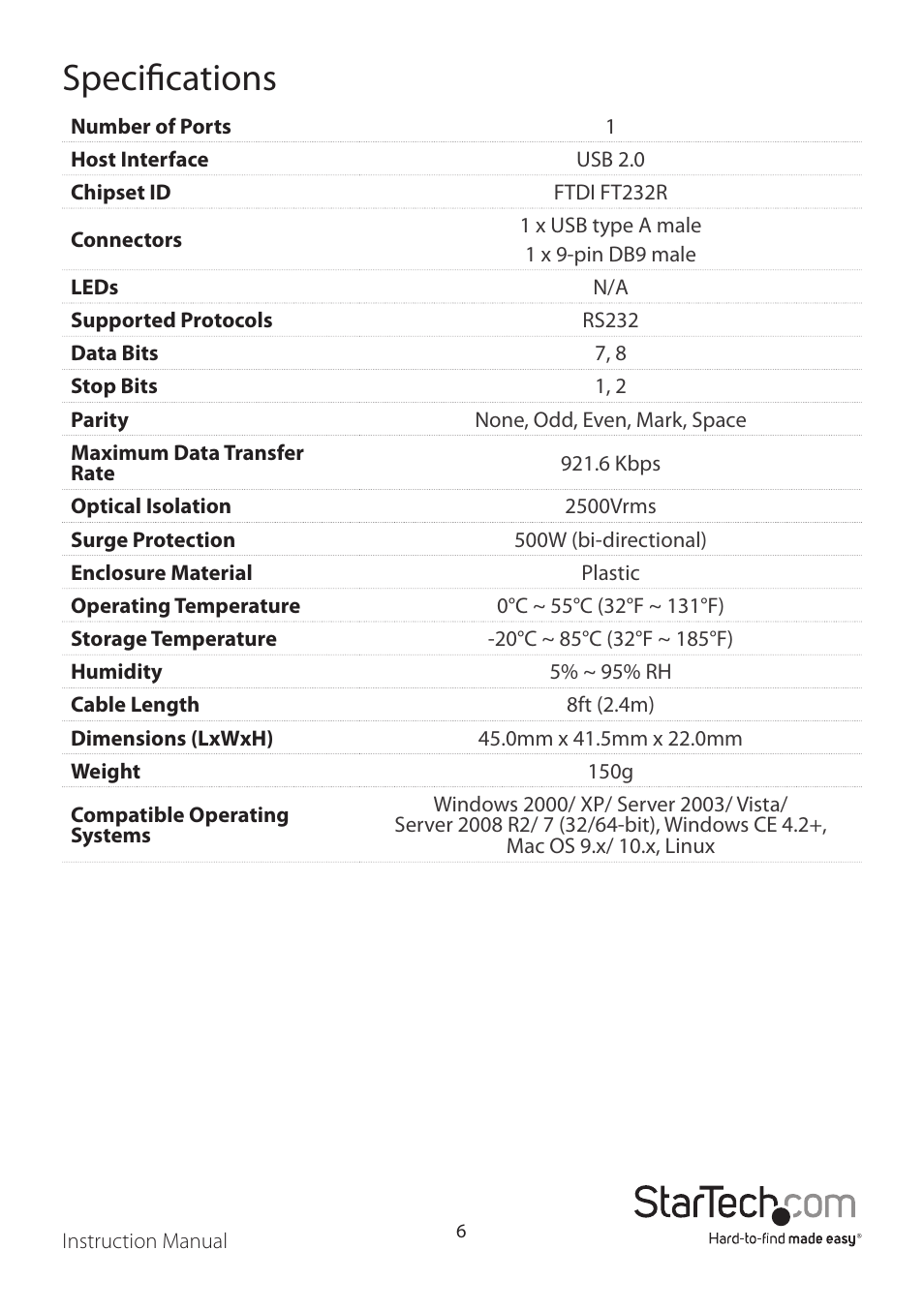 Specifications | StarTech.com ICUSB2321FIS User Manual | Page 9 / 11