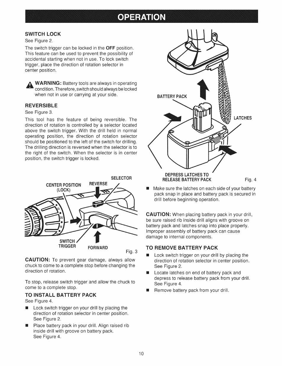 Reversible, To install battery pack, To remove battery pack | Operation | Craftsman 973.114240 User Manual | Page 10 / 18