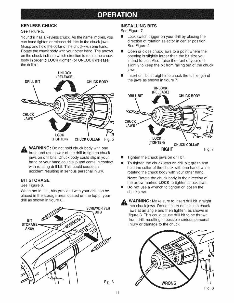 Keyless chuck, Bit storage, Installing bits | Operation | Craftsman 973.114240 User Manual | Page 11 / 18