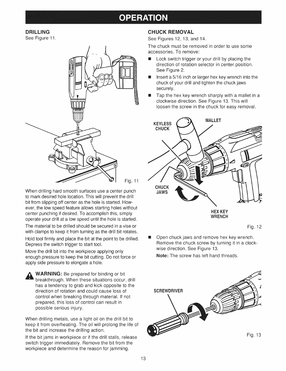 Drilling, Chuck removal, Operation | Craftsman 973.114240 User Manual | Page 13 / 18