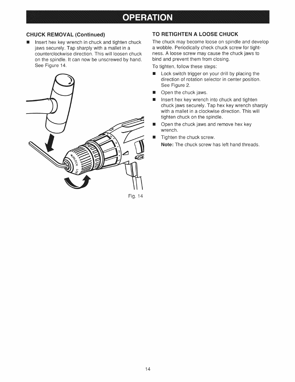 Chuck removal (continued), To retighten a loose chuck, Operation | Craftsman 973.114240 User Manual | Page 14 / 18