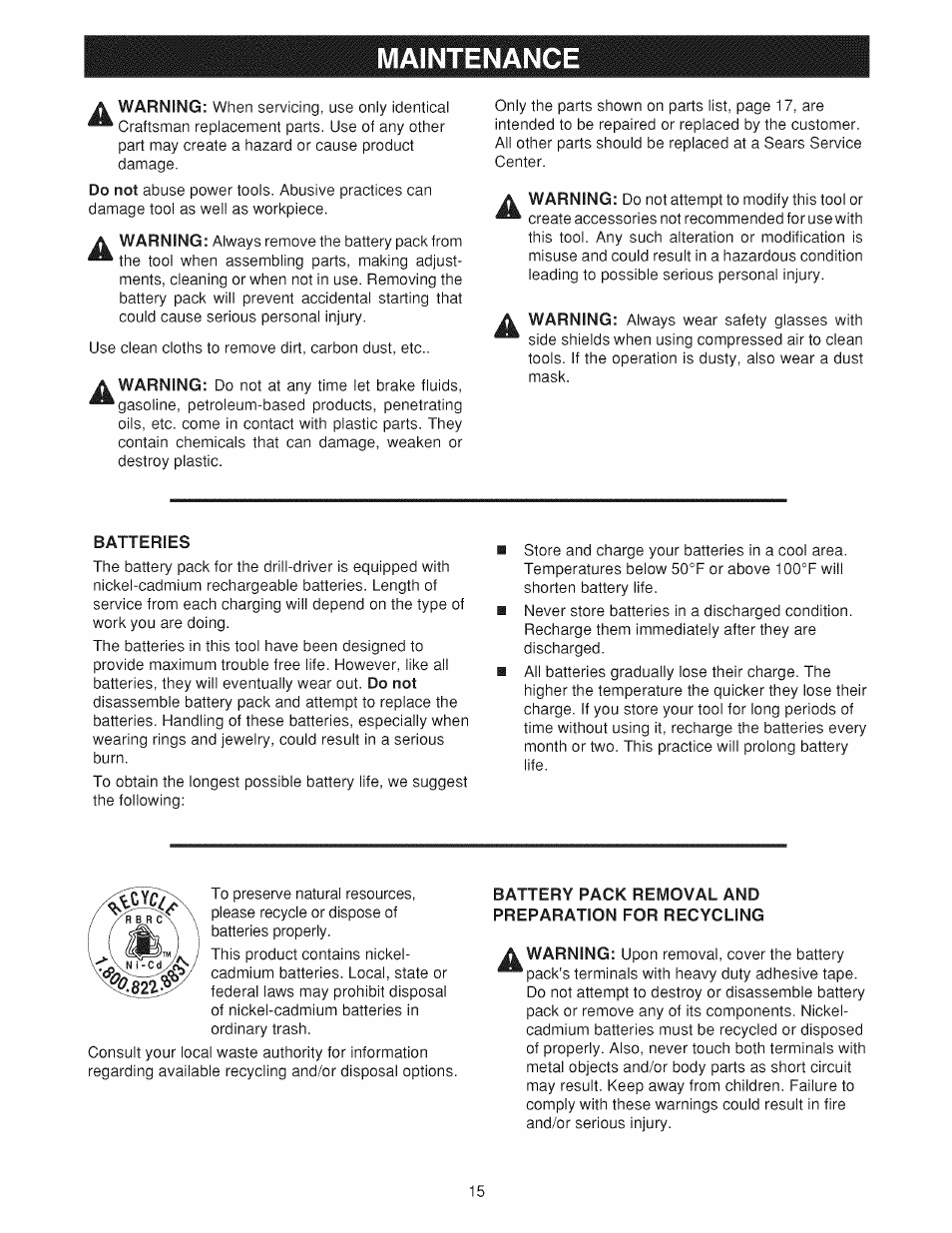 Maintenance, Batteries, Battery pack removal and preparation for recycling | Mainteance | Craftsman 973.114240 User Manual | Page 15 / 18