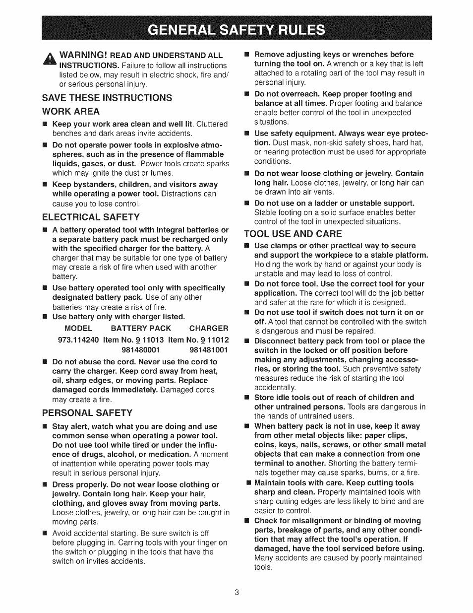 General safety rules, Save these instructions work area, Electrical safety | Personal safety, Tool use and care | Craftsman 973.114240 User Manual | Page 3 / 18