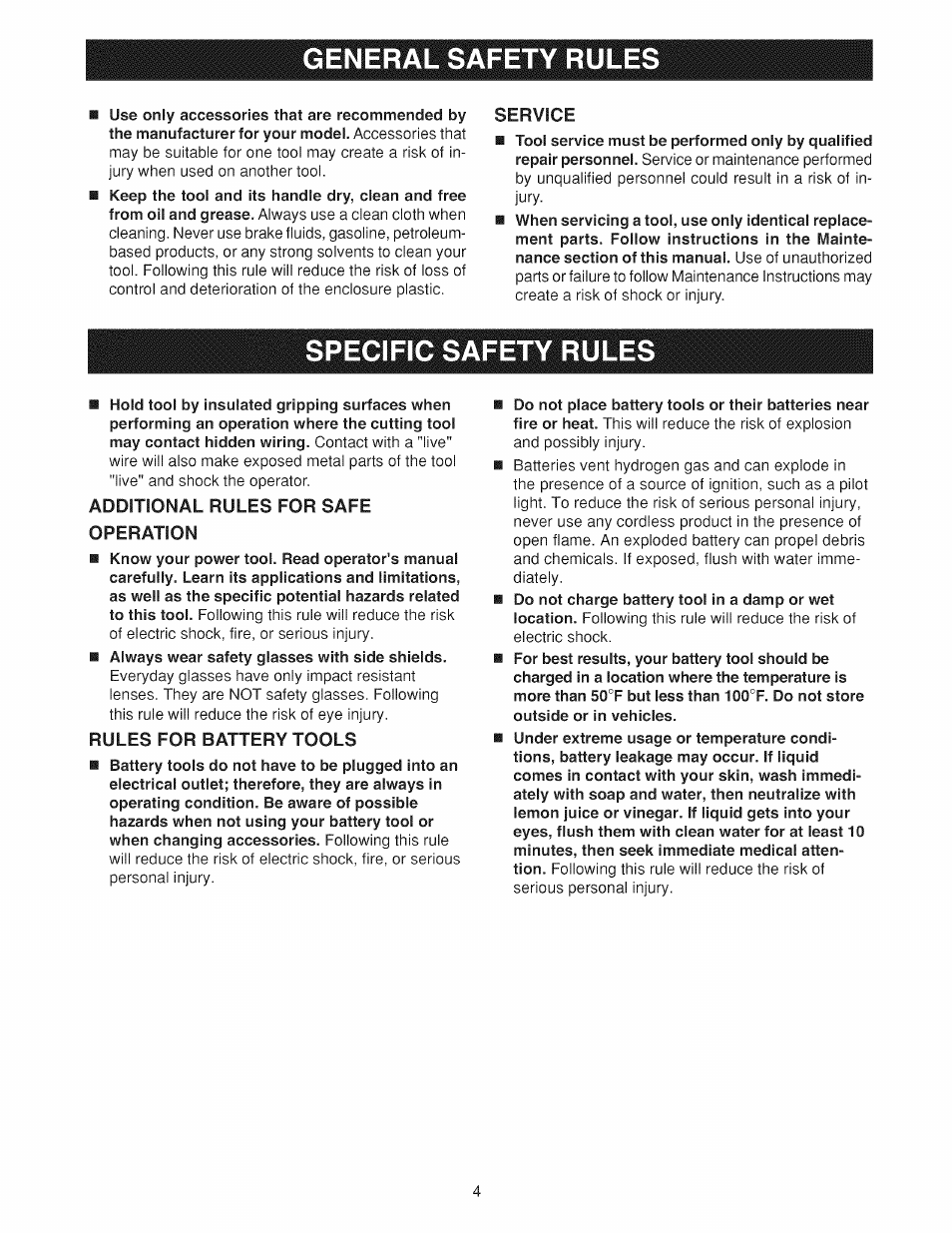 General safety rules, Service, Specific safety rules | Additional rules for safe operation, Rules for battery tools, General safety rules -4 | Craftsman 973.114240 User Manual | Page 4 / 18