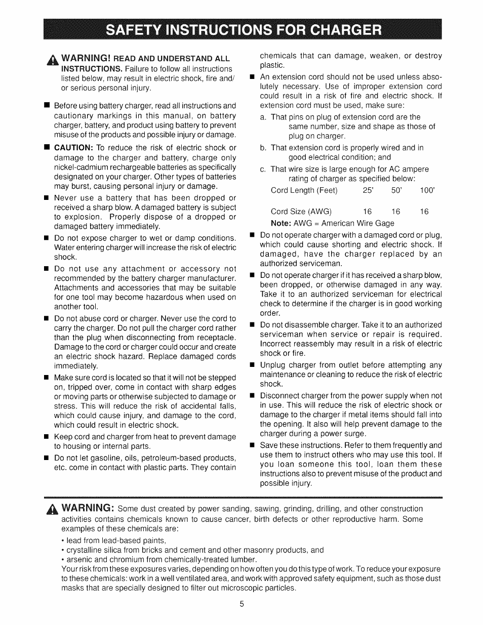 Safety instructions for charger | Craftsman 973.114240 User Manual | Page 5 / 18