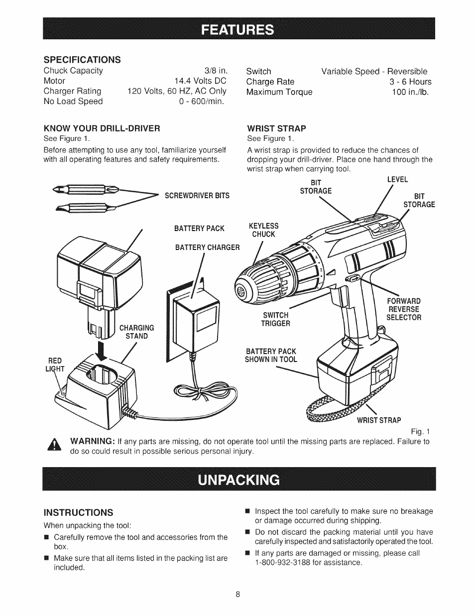 Features, Know your drill-driver, Wrist strap | Unpackin, Instructions, Introduction, Unpacking -9 | Craftsman 973.114240 User Manual | Page 8 / 18