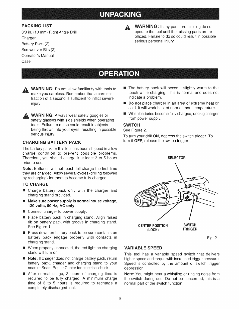 Operation, Charging battery pack, To charge | Switch, Center position (lock), Variable speed, Operation -14, Unpacking | Craftsman 973.114240 User Manual | Page 9 / 18