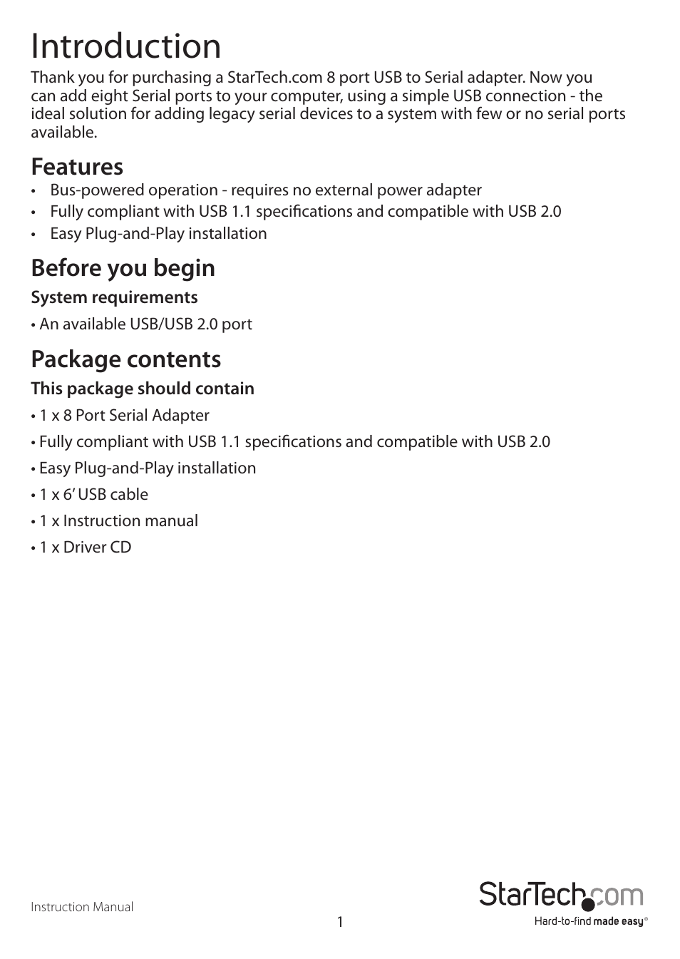 Introduction, Features, Before you begin | Package contents | StarTech.com ICUSB2328 User Manual | Page 4 / 8