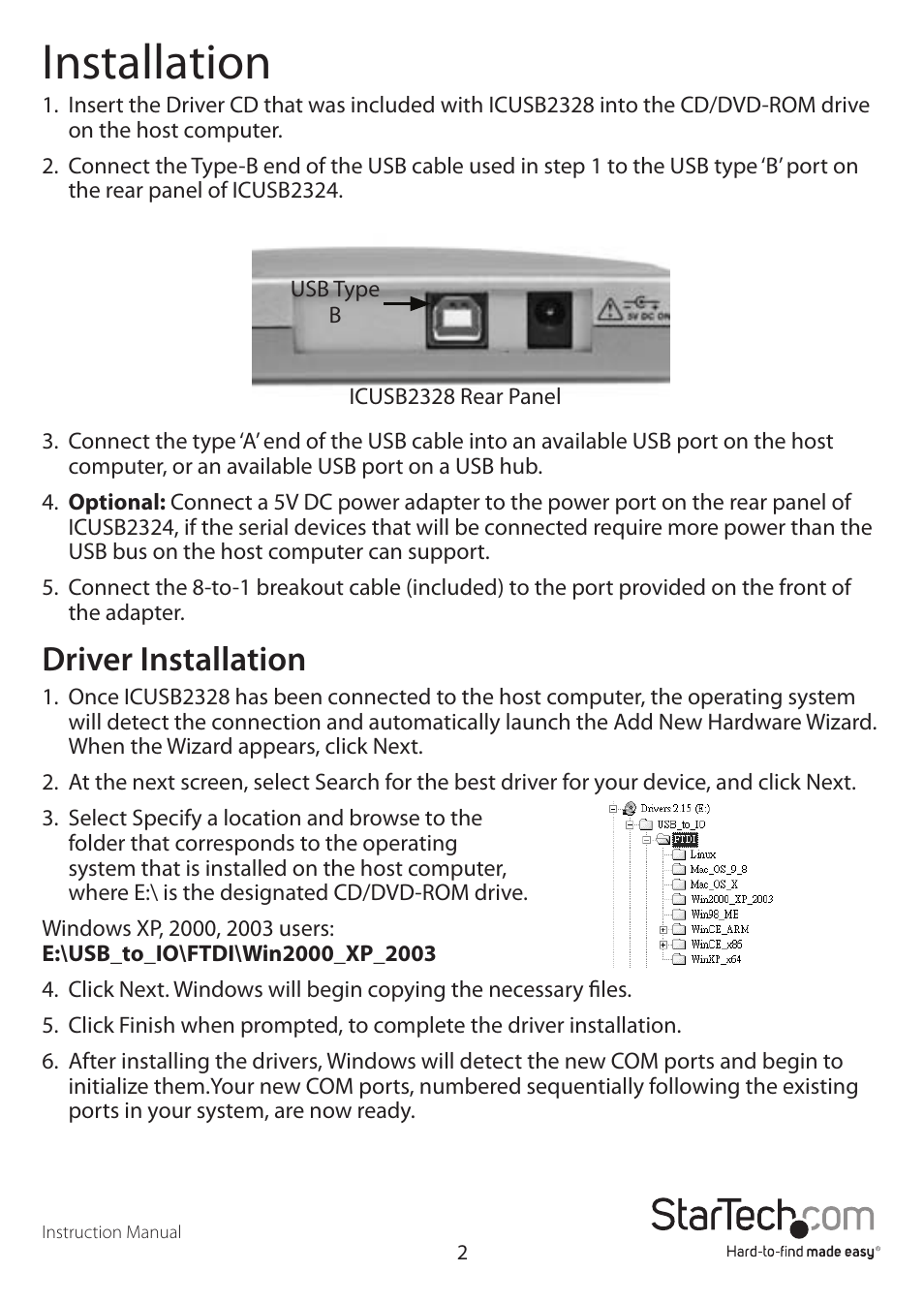Installation, Driver installation | StarTech.com ICUSB2328 User Manual | Page 5 / 8
