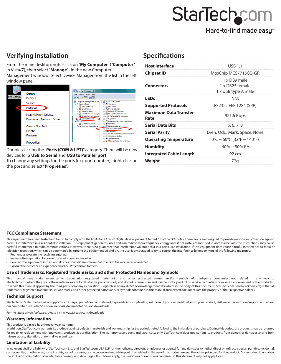 Specifications, Verifying installation | StarTech.com ICUSB2321284 User Manual | Page 2 / 2