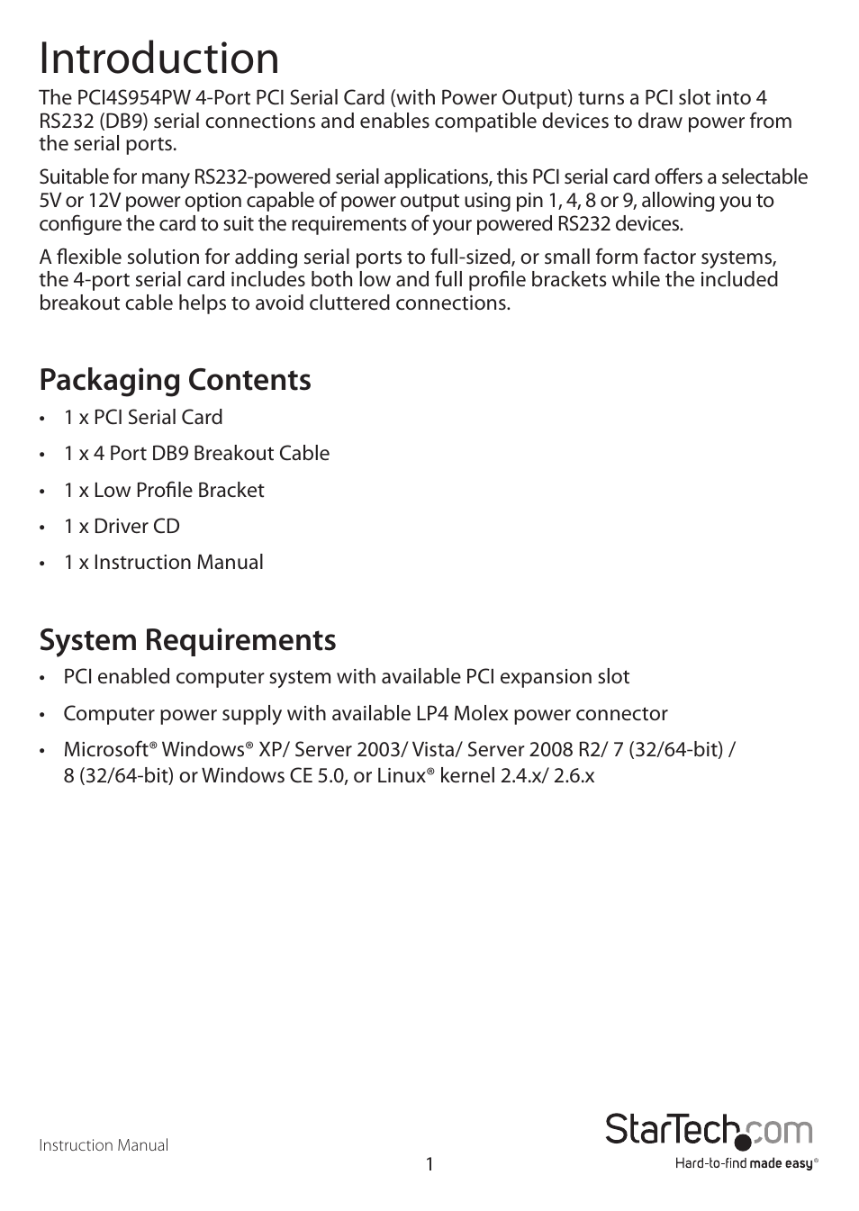 Introduction, Packaging contents, System requirements | StarTech.com PCI4S954PW User Manual | Page 4 / 12