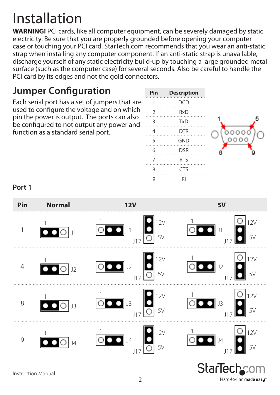 Installation, Jumper configuration | StarTech.com PCI4S954PW User Manual | Page 5 / 12