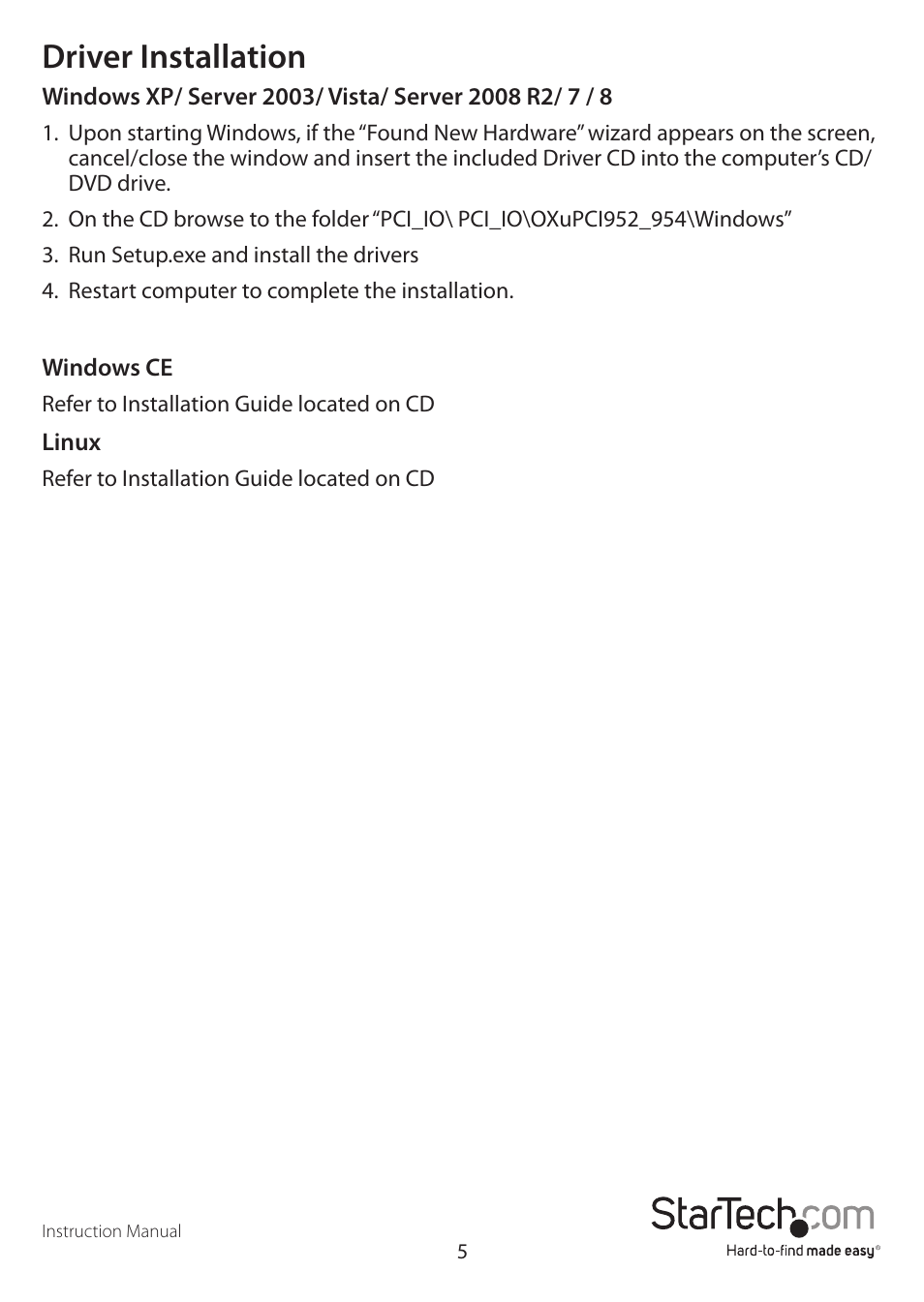Driver installation | StarTech.com PCI4S954PW User Manual | Page 8 / 12