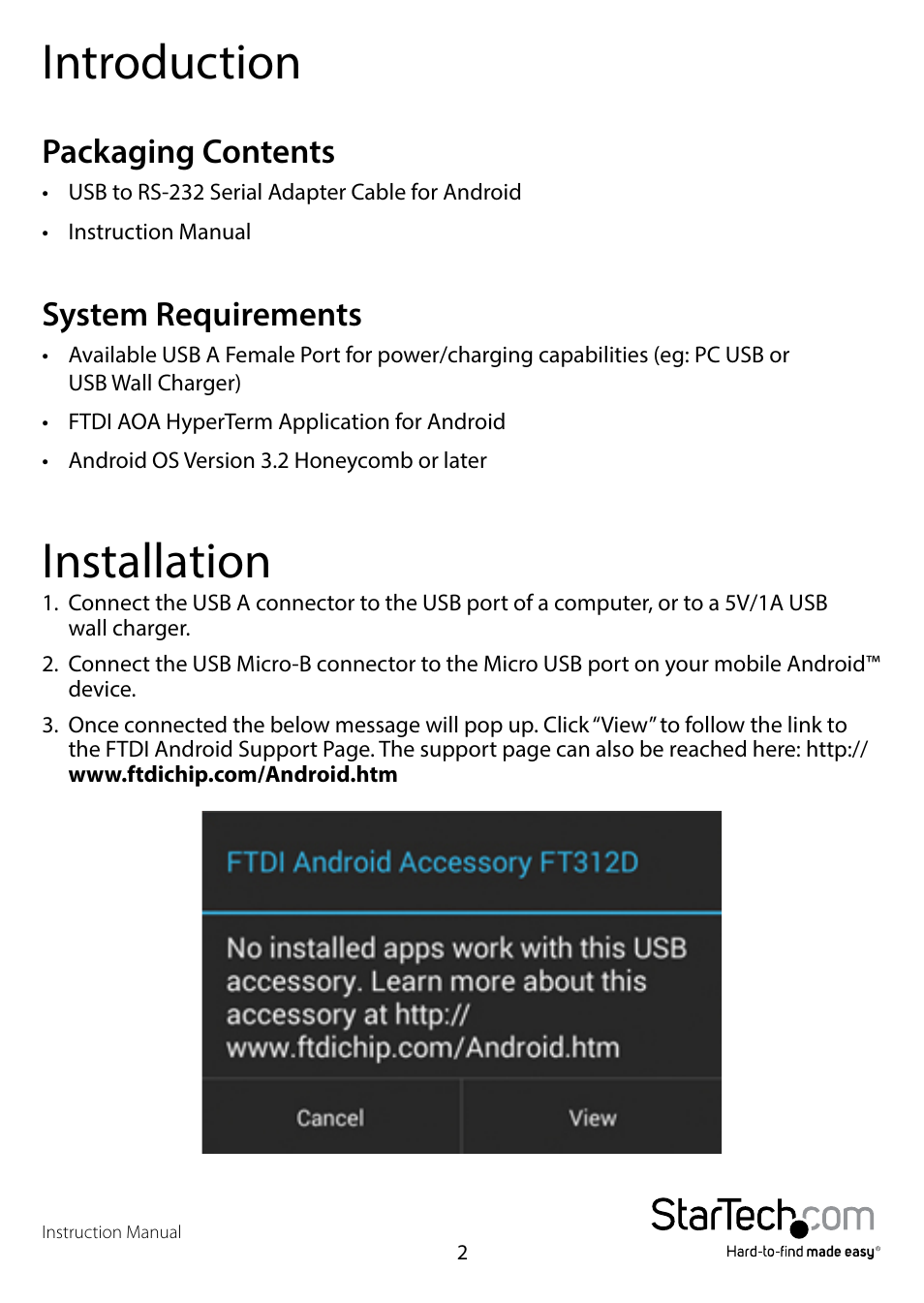 Introduction, Packaging contents, System requirements | Installation, Packaging contents system requirements | StarTech.com ICUSBANDR232 User Manual | Page 5 / 11