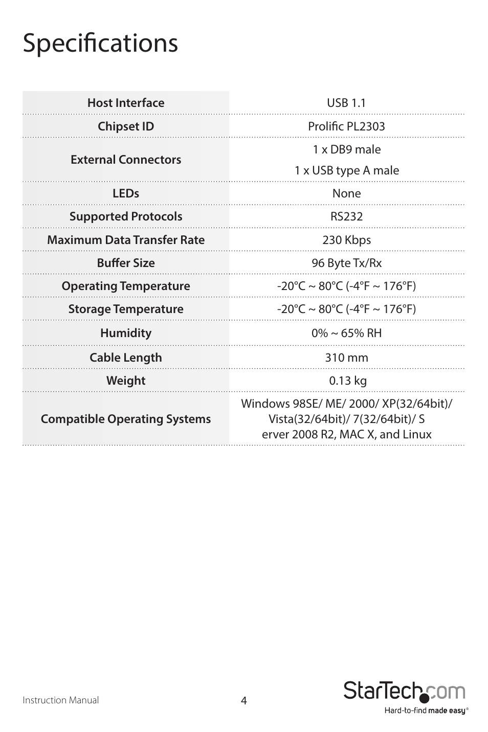 Specifications | StarTech.com ICUSB232C2 User Manual | Page 7 / 10