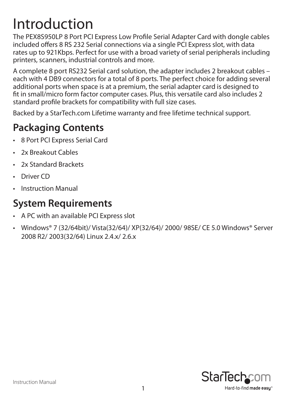 Introduction, Packaging contents, System requirements | StarTech.com PEX8S950LP User Manual | Page 4 / 13