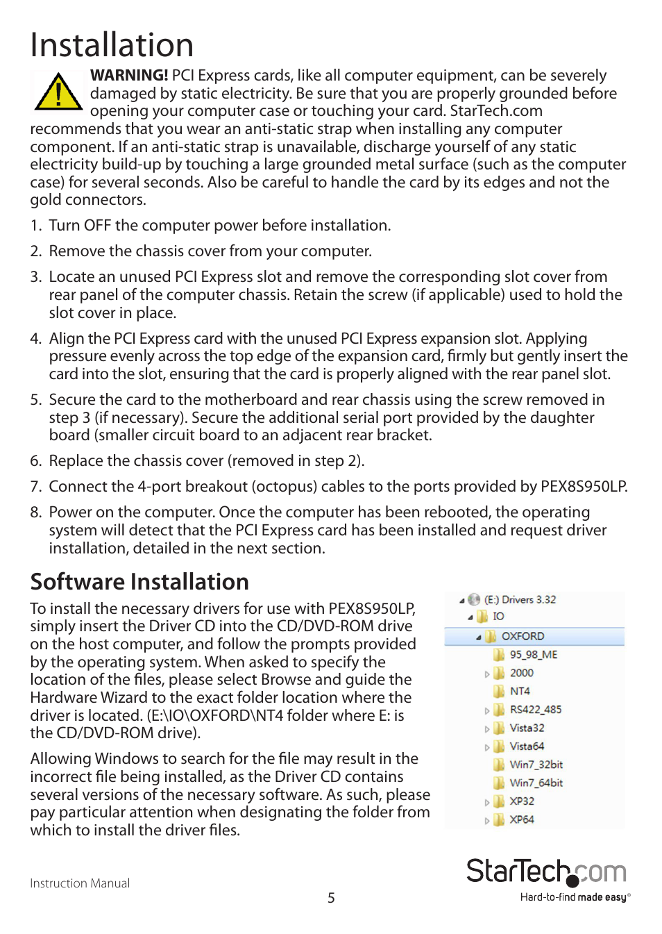 Installation, Software installation | StarTech.com PEX8S950LP User Manual | Page 8 / 13